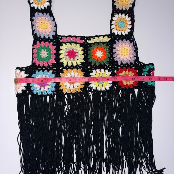 Crochet Granny Square Black Fringe Crop Top Small - Picture 5 of 9